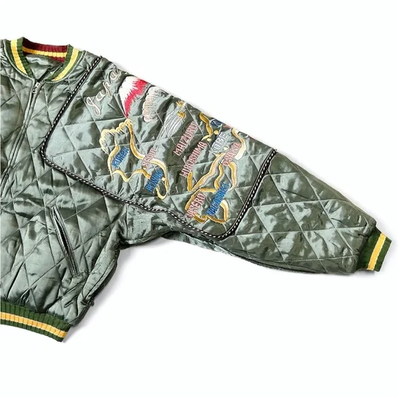 RARE Kapital Rayon Satin Quilting Japan Pillow Bomber Jacket Olive - Picture 8 of 11